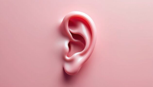 Close up of pink human ear on matching pink background. This 3D render illustrates organ of hearing, its delicate structure. It symbolizes communication, awareness in various conceptual contexts.