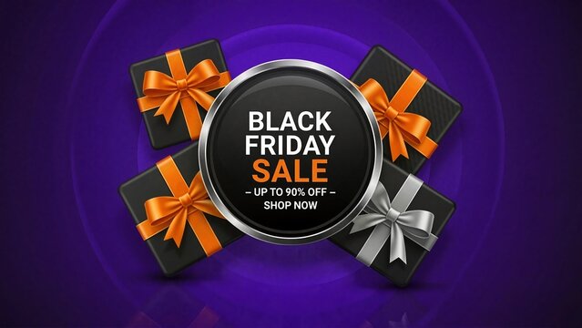 Christmas banner for Black Friday sale with up to 90% off on bright purple background with gift boxes