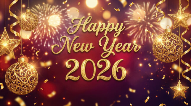 Happy New Year 2026 celebration with golden ornaments fireworks confetti and elegant festive lighting signaling future transition progress and advancement joyful moving to the year 2026 Concept