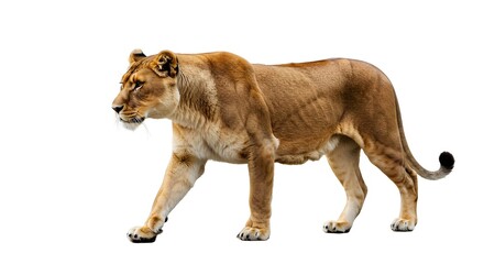 Obraz premium Power and Motion: Lioness Walking in a Dynamic Low-Angle Shot