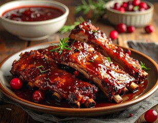 Delicious cranberry glazed ribs served on a plate, perfect for holiday feasting