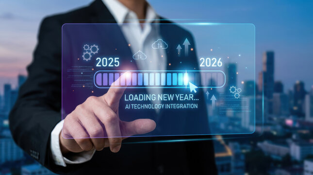 Loading new year progress scene showing future 2026 transition and advancement with technology integration and progress bar implying hope and innovation moving to the year 2026 Concept - Powered by Adobe