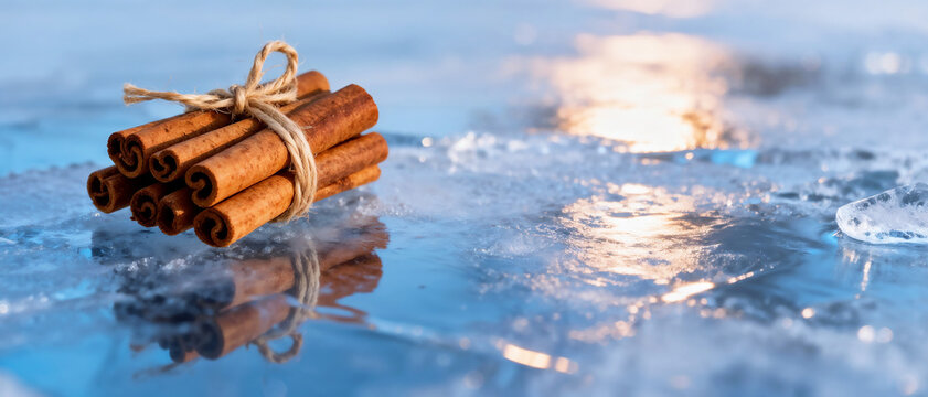 Cinnamon sticks tied neatly with twine rest on icy surface with delicate reflections. Cinnamon sticks spice up winter days, suggesting warm flavors, and comfort. Cinnamon sticks create holiday spirit.