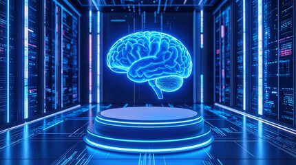 Futuristic glowing digital brain hologram floating in a high-tech server room data center. 3D render concept of artificial intelligence, machine learning, and cloud computing.