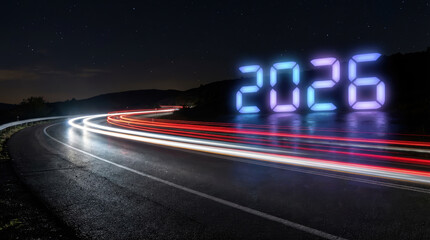 Future 2026 transition progress advancement road night light trail digital number neon skyline motion moving to the year 2026 Concept