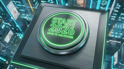 Start 2026 button glowing green on futuristic control panel signaling future transition progress and advancement for new technology launch moving to the year 2026 Concept