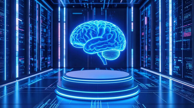 Futuristic glowing digital brain hologram floating in a high-tech server room data center. 3D render concept of artificial intelligence, machine learning, and cloud computing.