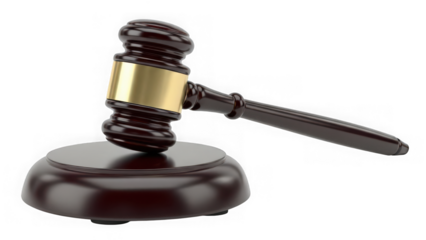 Classic wooden gavel and sound block representing justice, legal rulings, auctions, and crucial decisions. isolated on transparent background