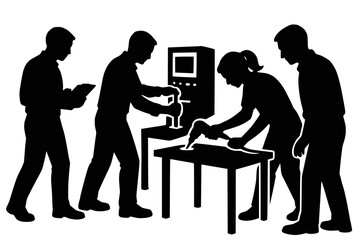Four silhouetted figures perform tasks from machining to installation, illustrating a modern production process.