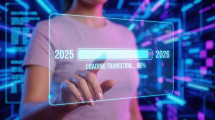Future 2026 transition progress advancement digital woman touchscreen loading bar year 2025 year 2026 technology futuristic progress indicator transition concept moving to the year 2026 Concept