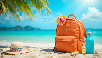 Tropical beach vacation essentials backpack hat sunscreen and a beautiful ocean view