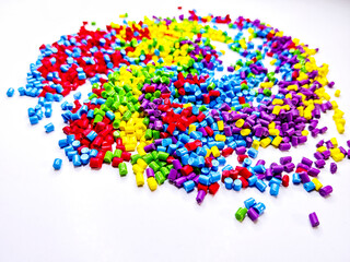 Masterbatch granules, industrial plastic manufacturing, colorful polymers arranged in rows, forming a rainbow-like shape, as a background for the design of a product catalog for an industrial plastic