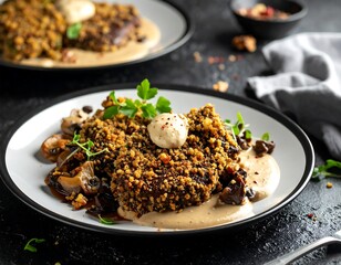 Delicious gourmet dish with crispy topping and creamy sauce, appetizing and tasty