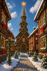 Peaceful Christmas Village Walkway with Star Tower Snow and Holiday Decor