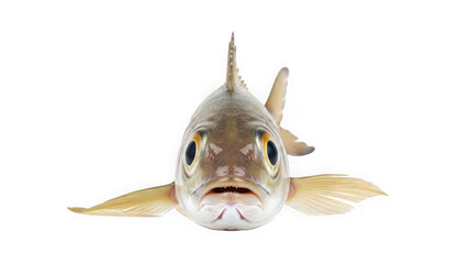 Front view of a predatory freshwater fish with large eyes and an open mouth, isolated on a white background cutout. isolated on transparent background