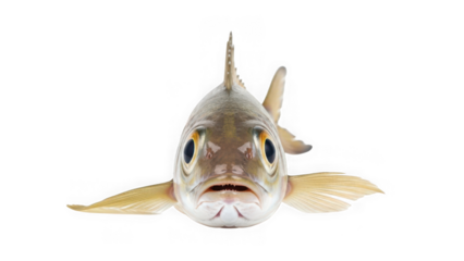 Front view of a predatory freshwater fish with large eyes and an open mouth, isolated on a white background cutout. isolated on transparent background