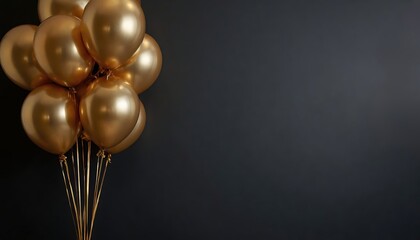 A bunch of gold balloons in a minimalist style on a black background for decorating parties, holidays and events with a dedicated place for a copy.