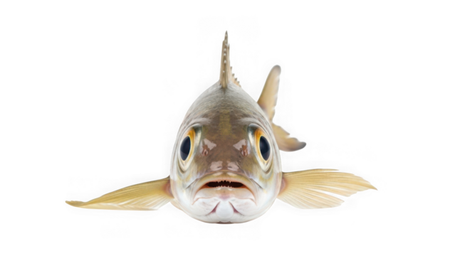 Front view of a predatory freshwater fish with large eyes and an open mouth, isolated on a white background cutout. isolated on transparent background