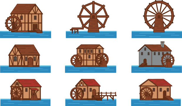 Set of Traditional Water Mills and Water Wheels Vector Illustration Featuring Historical Buildings and Rural Power Generation Architecture