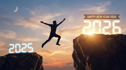Silhouette person leaping from 2025 to 2026 cliff symbolizing future transition progress advancement with fireworks moon sunset hopeful celebration moving to the year 2026 Concept