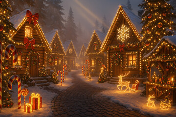 Enchanting Golden Christmas Village with Snow Lights Trees and Festive Decorations