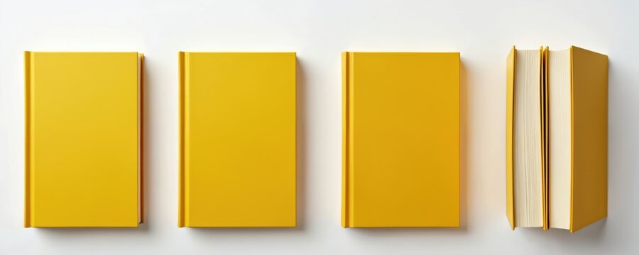 Three yellow hardcover books stand upright next to a stack of two open books. The blank covers offer space for title text. Learning, reading, or writing concepts are visualized.