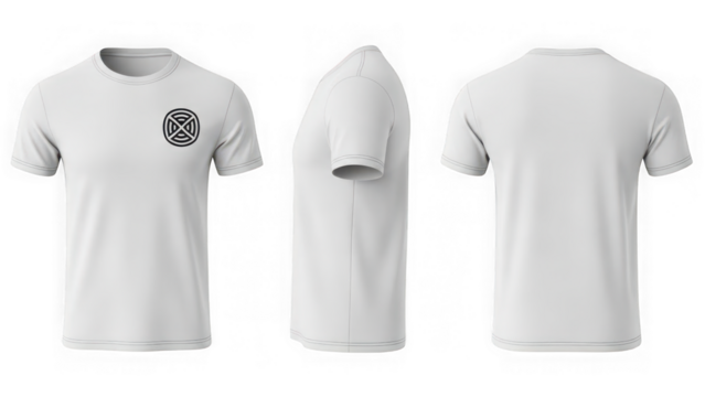 White short-sleeve t-shirt with custom black logo on chest, front, side, and back views. blank mockup apparel for design isolated on transparent background
