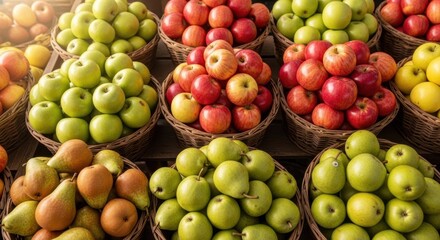 Colorful fruit display in rustic editorial style, natural tones, symbol of freshness and seasonal abundance