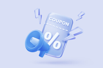 3D coupon icon with megaphone speaker for sales and shopping online, discount coupon of cash. flash lightning on time alert notice special offer promotion. 3d price tag icon vector render illustration