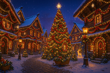 Nighttime Christmas Village Square with Glowing Giant Tree and Snowfall