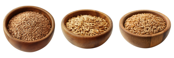 Three wooden bowls filled with different varieties of rice, showcasing texture and tones. The light enhances the natural hues of the grains