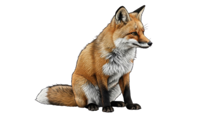 Red fox sitting in alert pose isolated PNG with Transparent Background