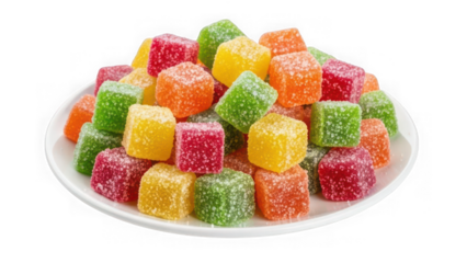 Colorful square marmalade candies pile on white plate. sweet vibrant assorted fruit jelly candy. delightful sugared cubes for festive treats. isolated on transparent background