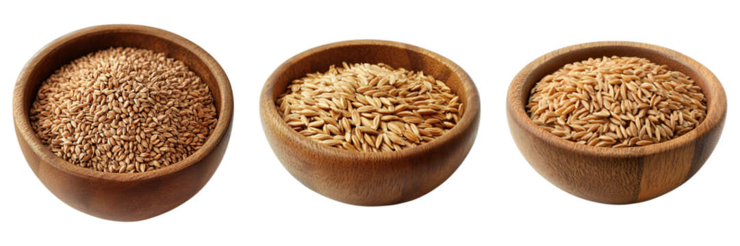 Three wooden bowls filled with different varieties of rice, showcasing texture and tones. The light enhances the natural hues of the grains
