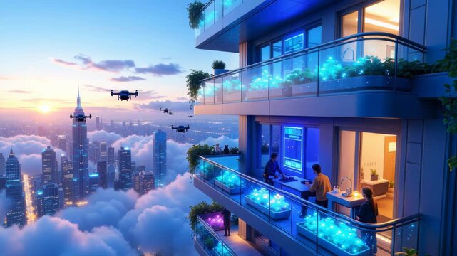 Panoramic sky-high balcony with glass railings overlooks futuristic city above the clouds, neon lights and flying vehicles, concept of advanced urban living