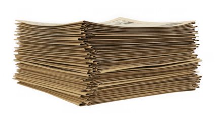 Large stack of aged yellowed newspapers, isolated on a transparent background, symbolizing vintage news and information media isolated on transparent background