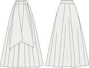 Long skirt technical fashion illustration, front and back view, high waist flared silhouette, panel seams, CAD drawing flat vector illustration