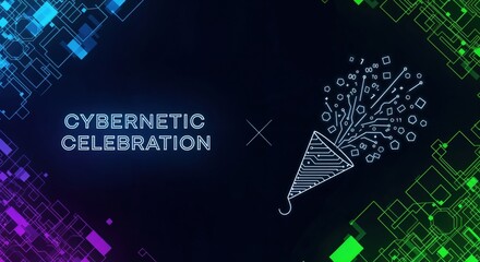 Cybernetic Celebration with Digital Confetti Popping from Circuit Board Design on a Futuristic Technology Background