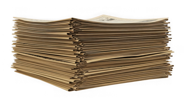 Large stack of aged yellowed newspapers, isolated on a transparent background, symbolizing vintage news and information media isolated on transparent background