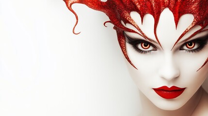 Woman displays striking makeup with red lips and detailed headpiece against a stark white background.