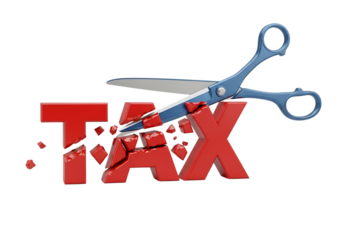 Scissors cutting the word tax, symbolizing tax reduction policy