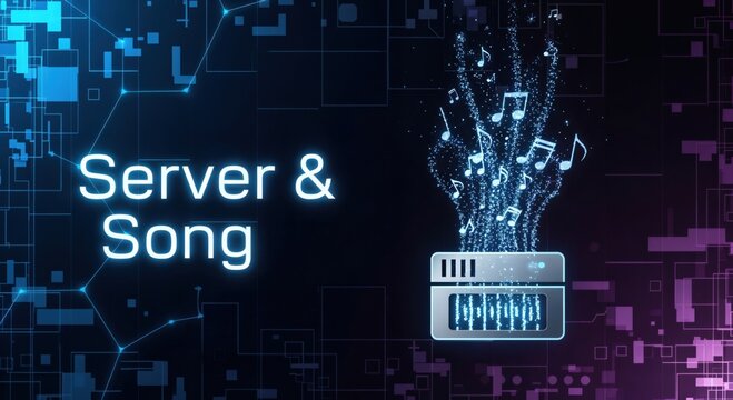 Digital music streaming from server, abstract technology background with musical notes and data flow, concept of online audio content and cloud storage