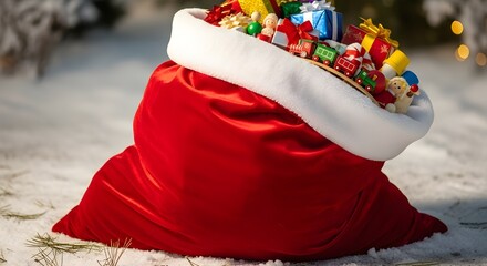 A red velvet Santa's sack overflowing with colorful Christmas presents sits in the snow.