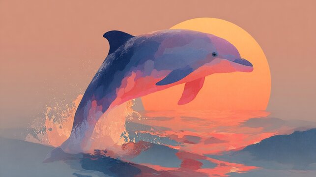 Minimalist dolphin vector jumping above wave under sunset clean line style marine wildlife concept soft gradient color scheme