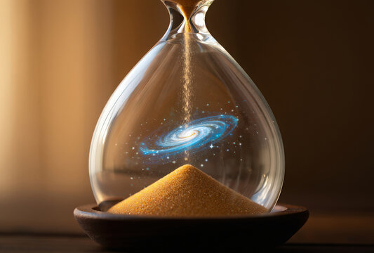 Conceptual hourglass closeup with a galaxy swirl inside as golden sand pours down. The vastness of time and the universe symbol, connecting the finite measure of clepsidra and the cosmic infinite