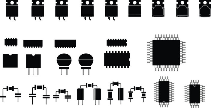 Electronic Components and Integrated Circuits (IC) Vector Icon Set, Transistors, Diodes, and Surface Mount Technology (SMD) Chips, Black Silhouette Collection