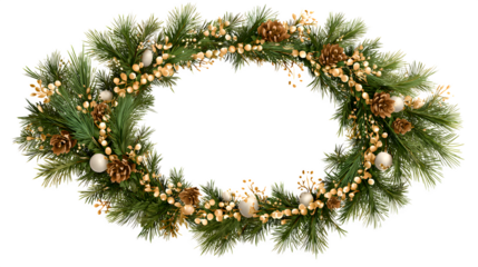 Pine wreath with ornaments and blank center for text placement isolated on white background