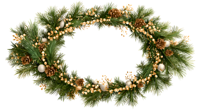 Pine wreath with ornaments and blank center for text placement isolated on white background