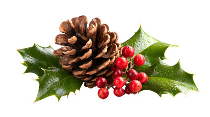 Pinecone and holly berry Christmas decoration composition isolated on white background