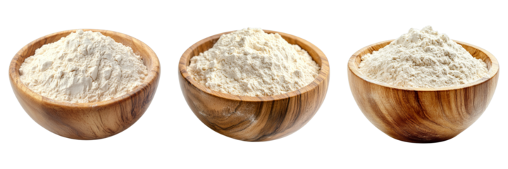 Three wooden bowls filled with flour, offering a glimpse into culinary creativity. Each bowl showcases a generous serving of flour